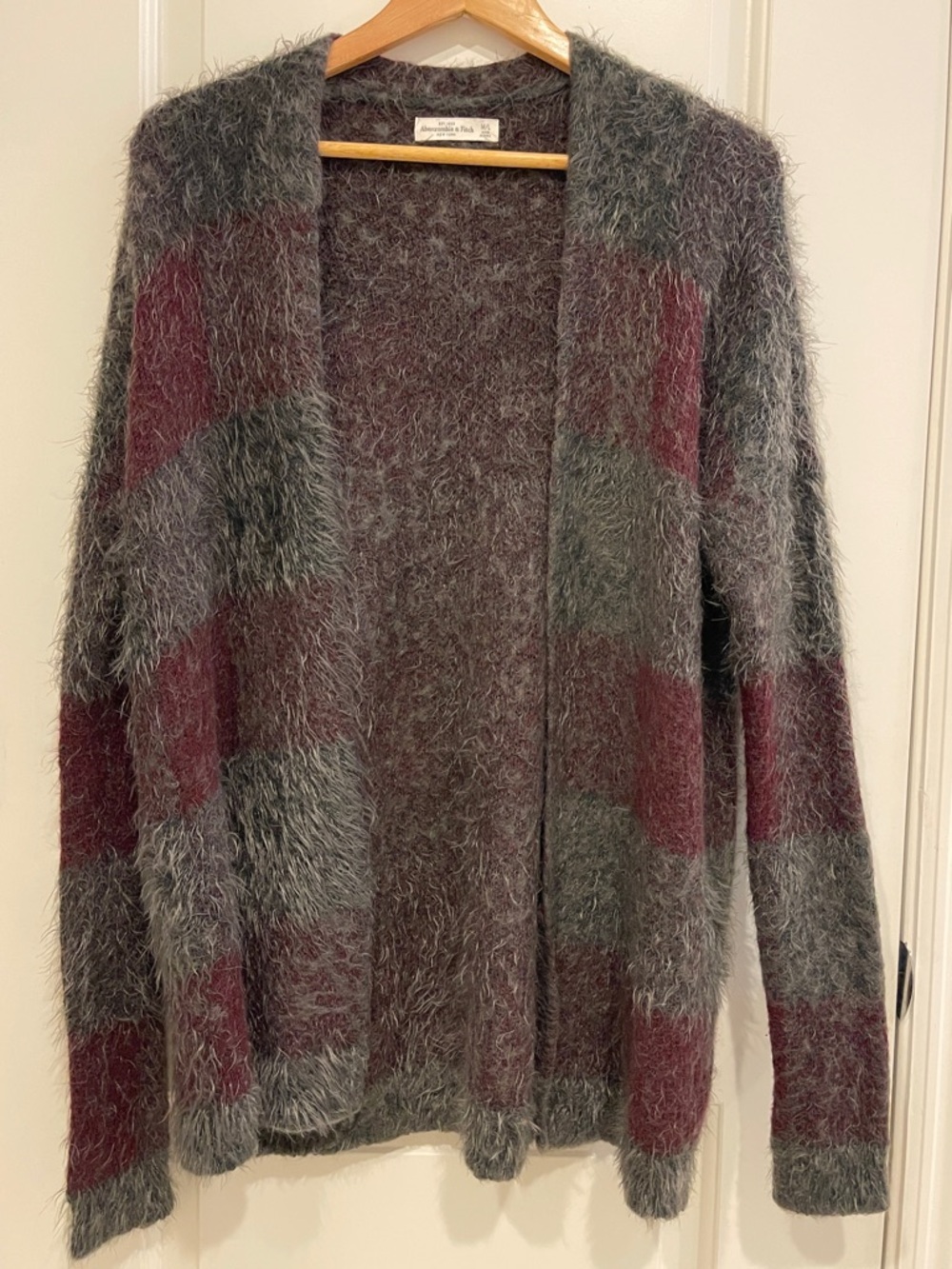 Abercrombie & Fitch Fuzzy Open Cardigan in Gray and Burgundy